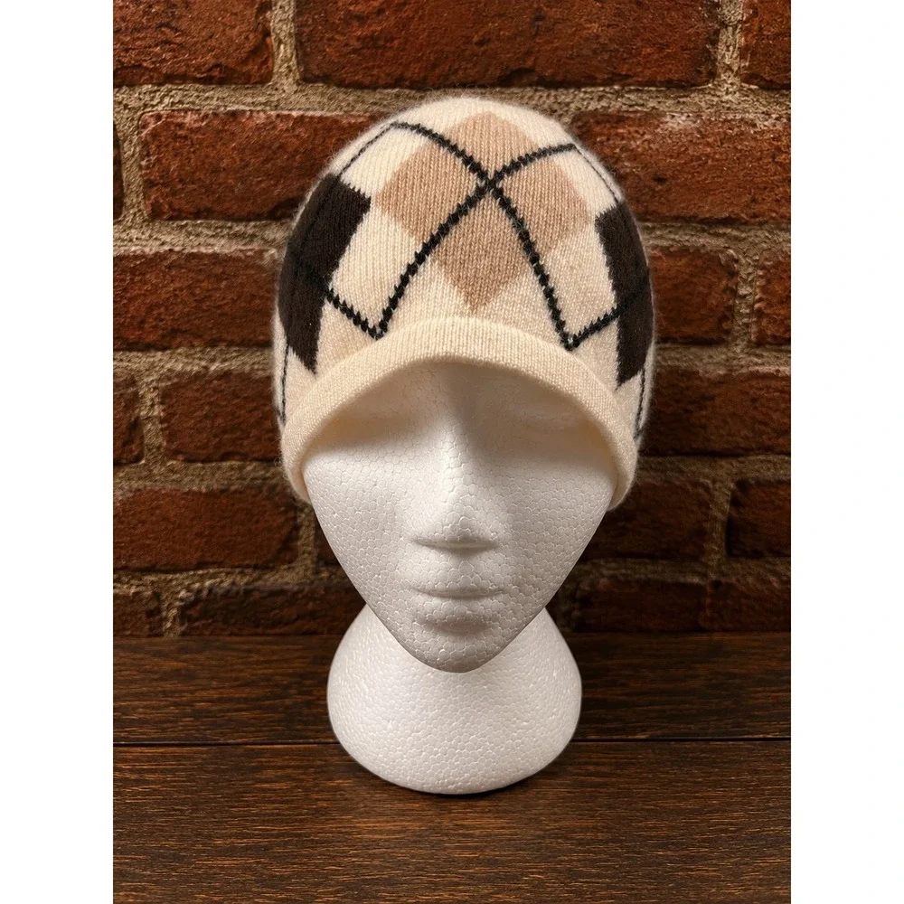 Lands End 100% Cashmere Argyle Beanie Hat Winter Preppy Fall Y2K 2000s City Girl